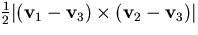 $\frac12\vert({\bf v}_1-{\bf v}_3)\times({\bf v}_2-{\bf v}_3)\vert$